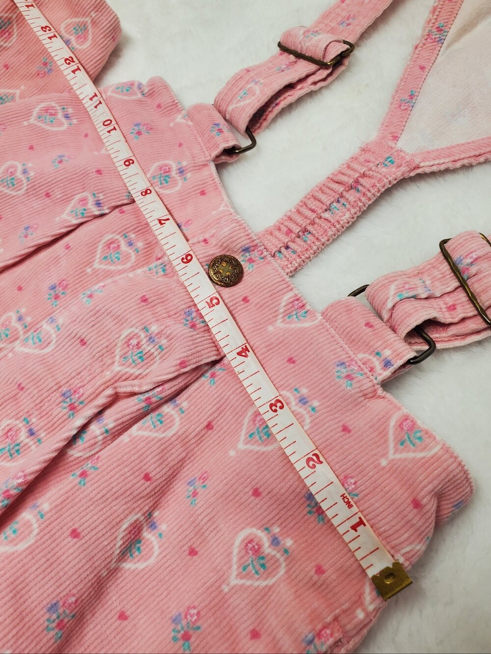 Rare vintage 80s oshkosh Overalls soft Courdaroy pink with floral hearts print - Picture 8 of 12